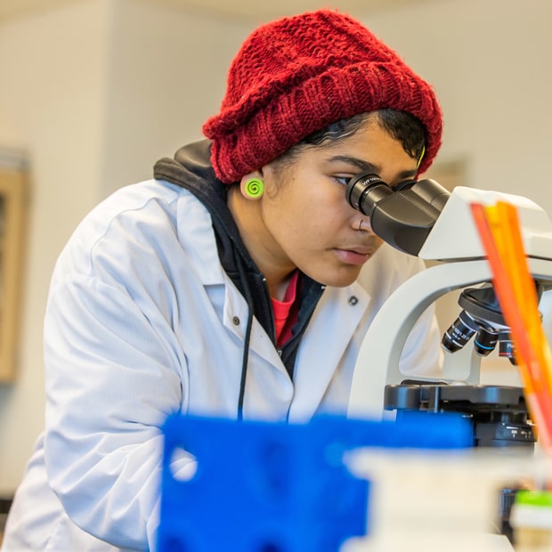 JWU Biology student peering through a microscope.