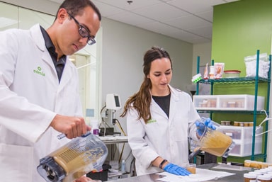 Nico Derr '18 (right) at Edesia, where she works on life-saving foods to prevent malnutrition.
