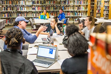 Students working on a group project in the library.