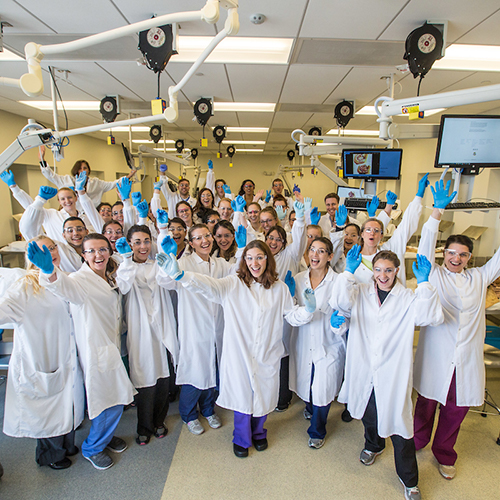 Group of PA students in the anatomy lab.