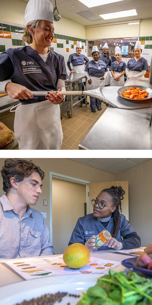 Clinical nutrition students practice their cooking skills (top) and nutrient assessment skills (bottom). 