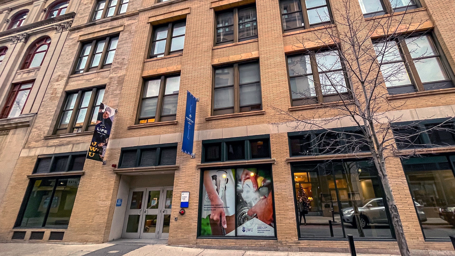 Exterior of the Mathewson Street Academic Center, located in Providence’s Downcity, that houses JWU’s Nursing, Exercise and Sports Science, OTD and other programs..