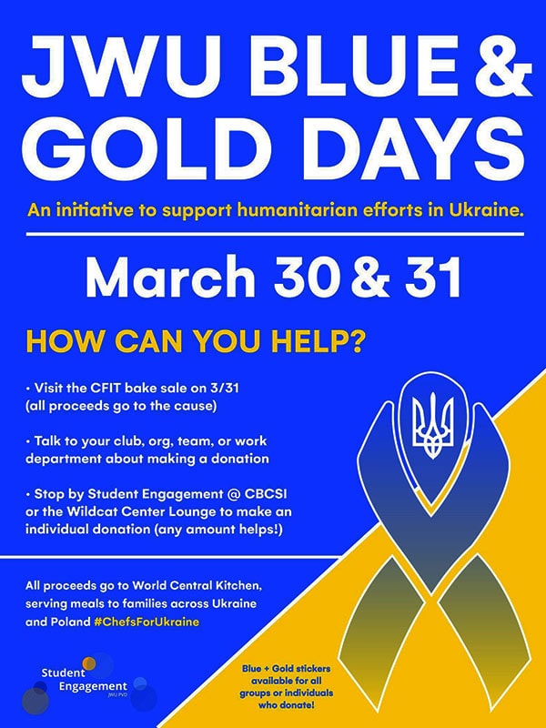 one of the Blue and Gold Days posters that hung around JWU’s Providence Campus