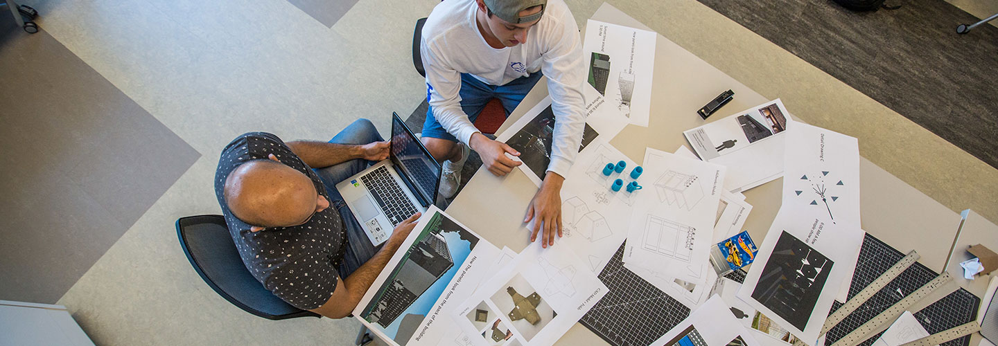 Aerial view of students working