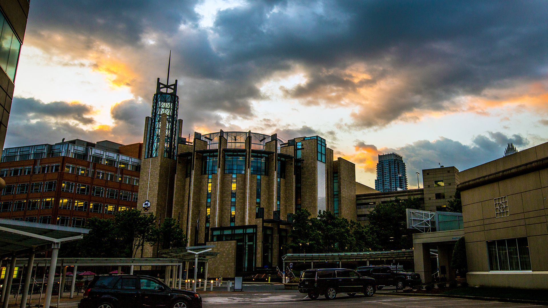 Charlotte Campus Landscape shot with a sunset in the background