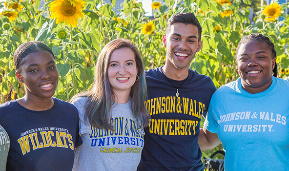 four students smiling for the camera wearing JWU gear and standing in front of 10,000 suns, an art piece using sunflowers in downtown Providence, RI