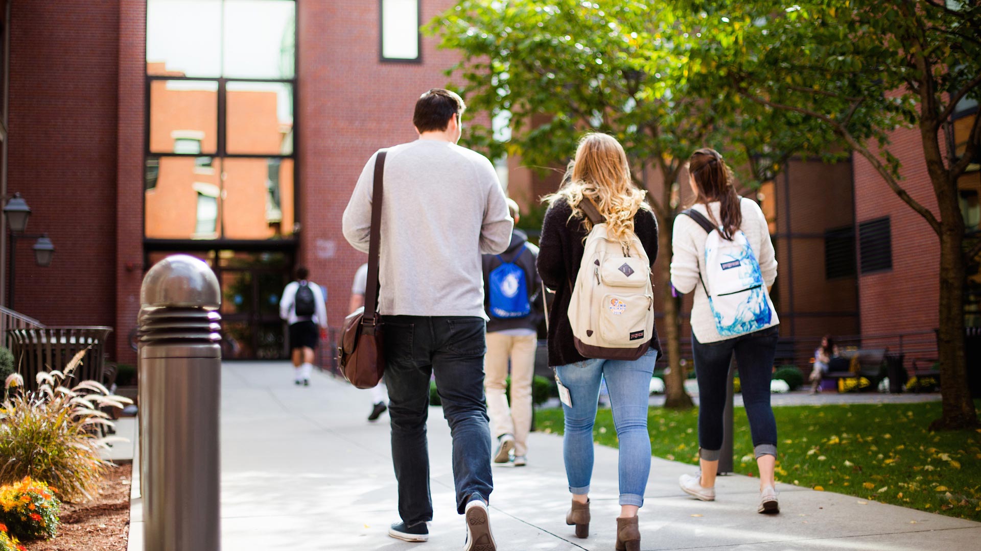 Students walking towards a building