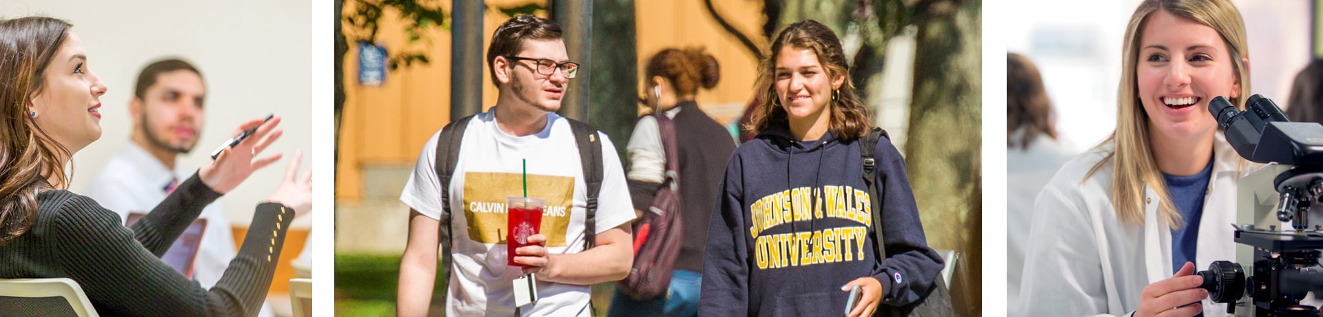 Left to right: Female student leading a class discussion; two students walking on the quad; female student pausing before a microscope.