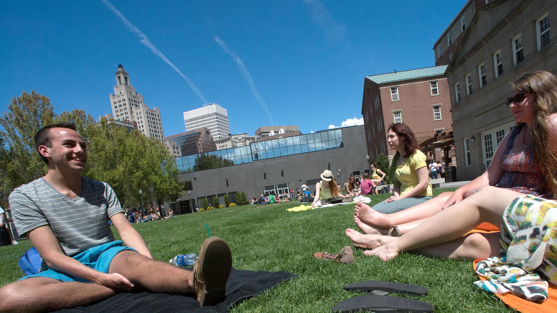 Student group sitting in a circle on Gaebe Commons.