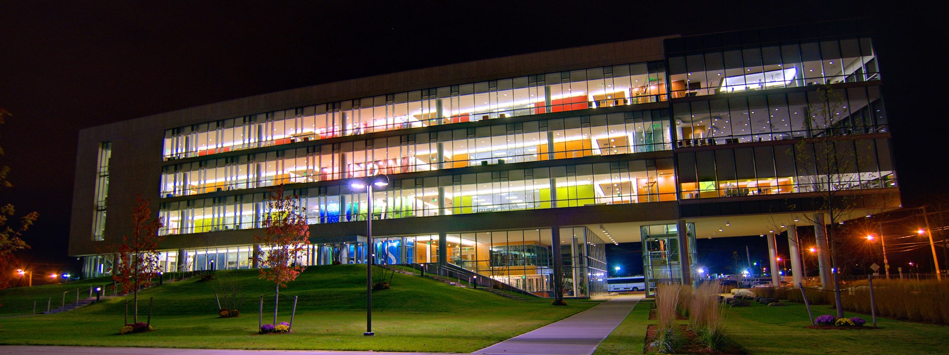 Exterior view of JWU’s Cuisinart Center for Culinary Excellence (CCCE) at night.