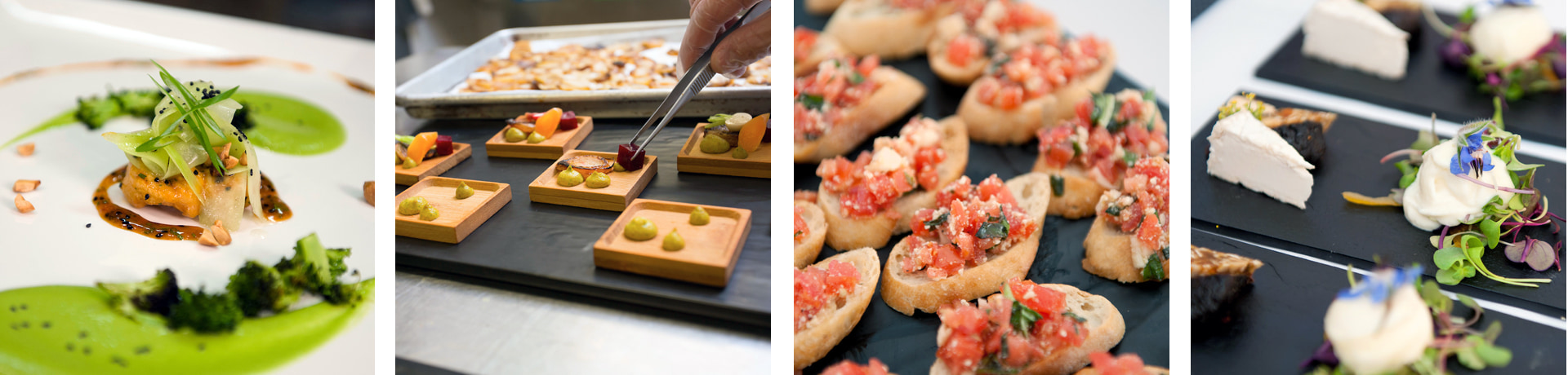 Various gourmet bites served at JWU culinary events, from charcuterie samples to goat cheese plates with herb salad.