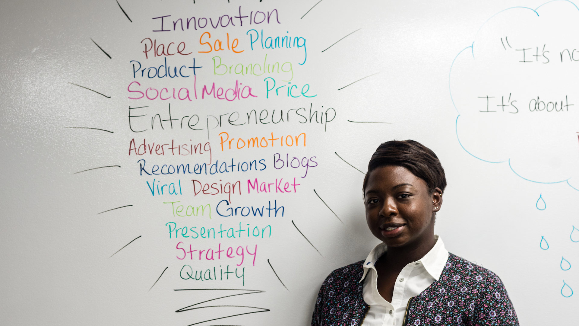 JWU North Miami student standing in front of a whiteboard depicting a lightbulb.