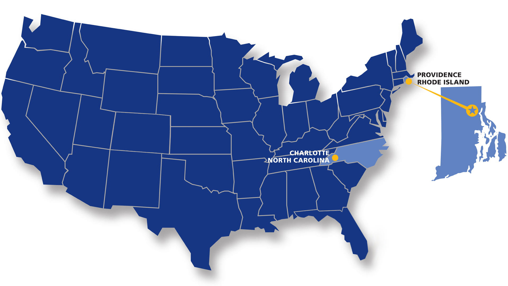 Map of the United States with JWU's two campus locations, Providence, Rhode Island, and Charlotte, North Carolina, highlighted.