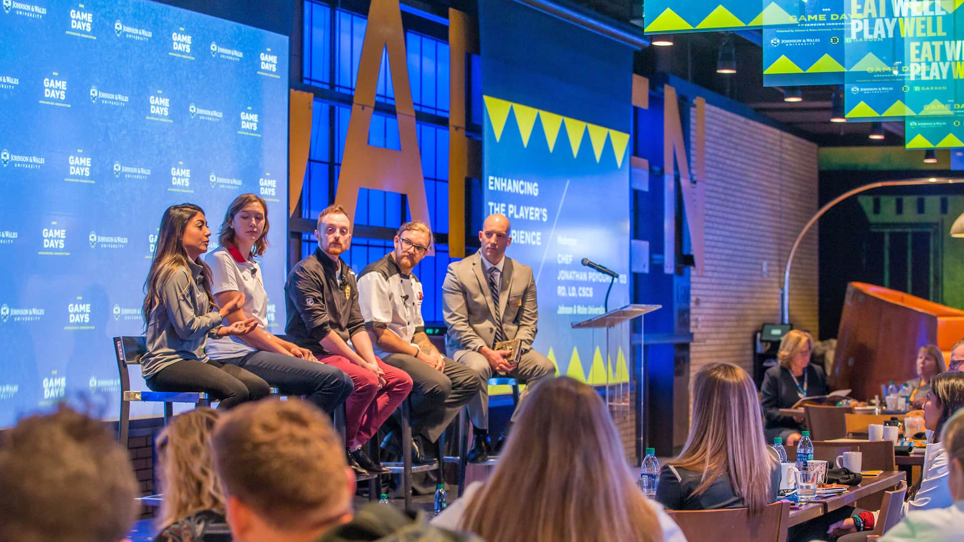 The Eat Well, Play Well panelists, L-R: Priscilla Martinez ’15, Becky Lindberg Schroeder ’13, Keith Garman ’09, James Glaude ’15 and Chef Jonathan Poyourow ’03