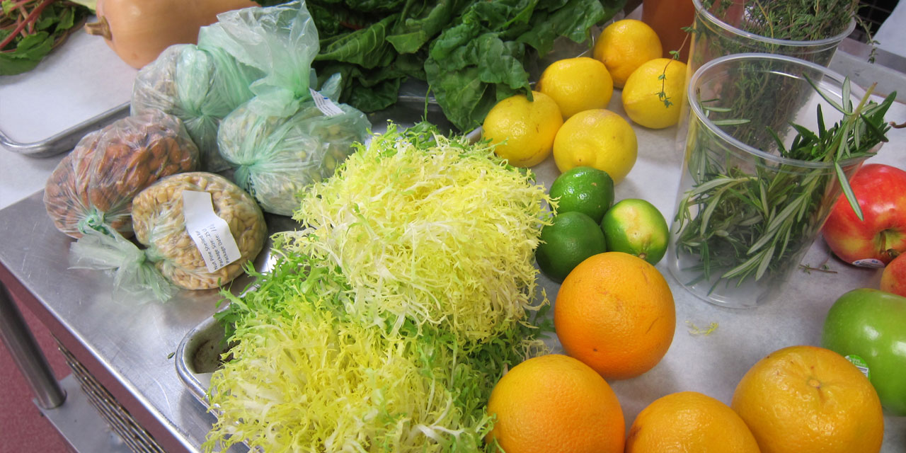 HEALTHY FRUITS + VEGETABLES LINED UP TO BE TURNED INTO FLAVOR-PACKED, LOW-FAT DISHES