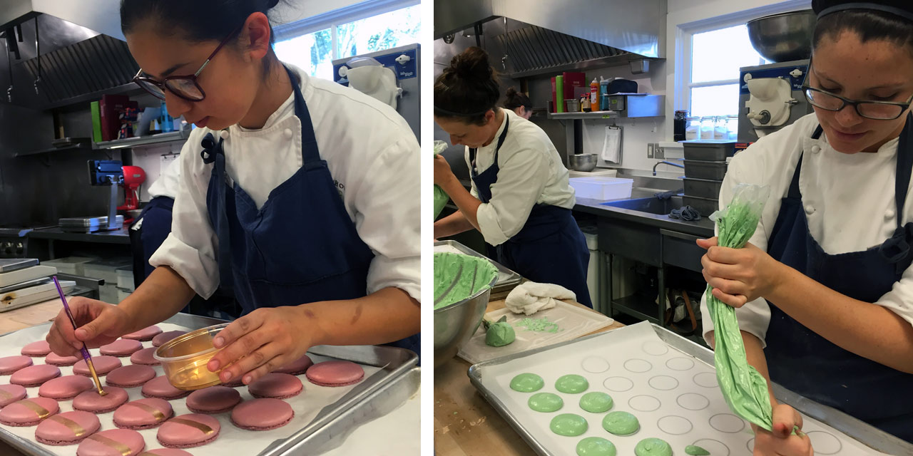 Isabella Tioseco and a colleague making macaron shells in the Bouchon Bakery kitchen.