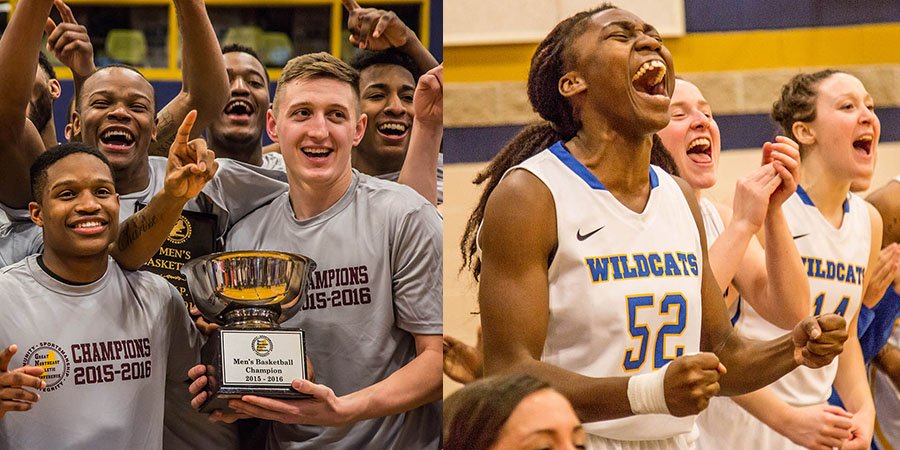 JWU men's and women's basketball celebrating continuing on to NCAA DIII tournament