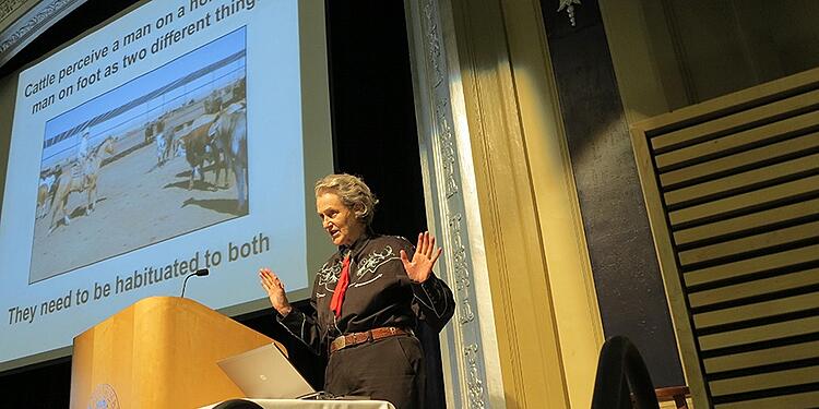 Temple Grandin speaking at JWU's Providence campus.