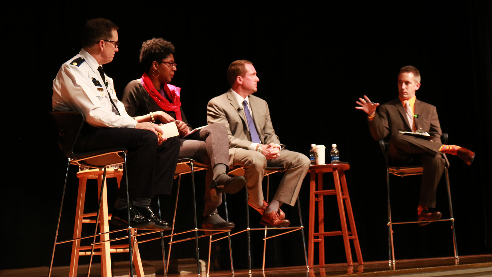 Panelists for JWU Media & Politics Café: Major Michael E. Correia, Providence Police Department; Nirva LaFortune, Providence City Council member, Ward 3; Parker Gavigan, reporter for NBC 10 and Associated Press award-winning journalist; Ryan Crowley, JWU.