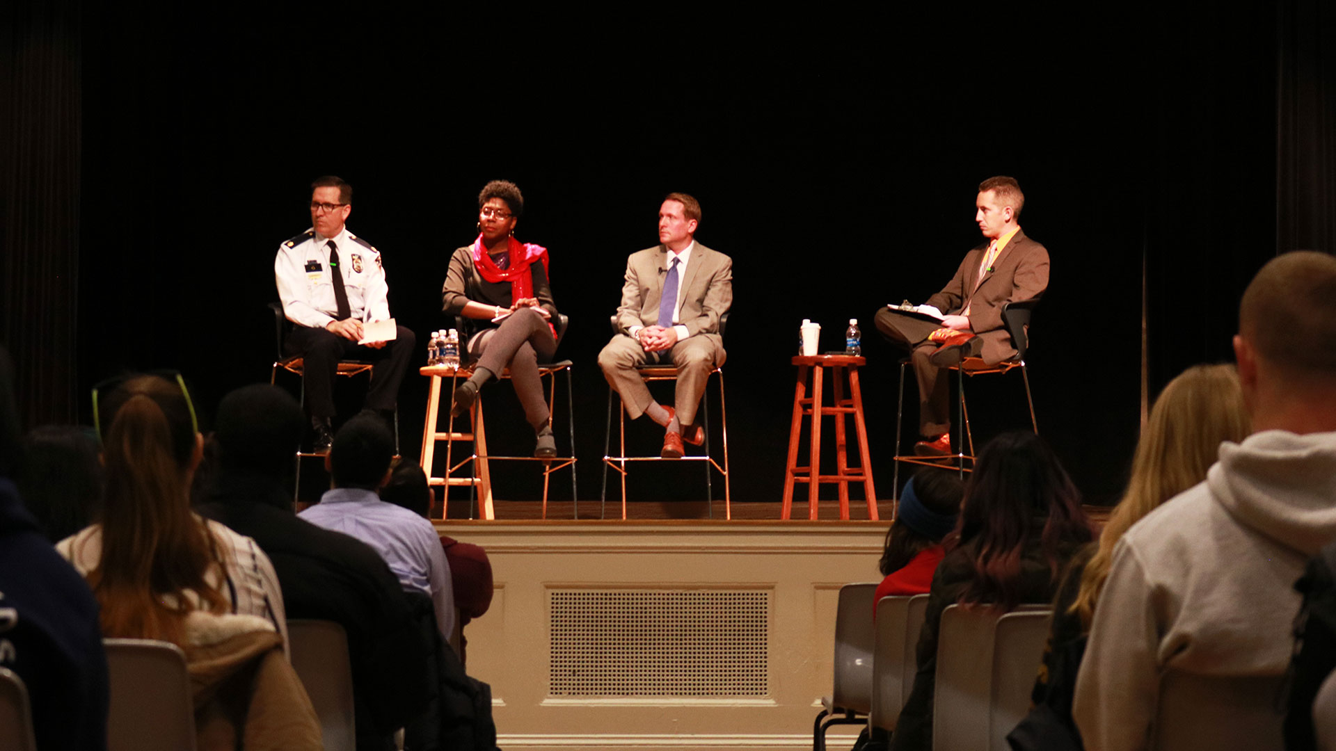 Panelists for JWU Media & Politics Café: Major Michael E. Correia, Providence Police Department; Nirva LaFortune, Providence City Council member, Ward 3; Parker Gavigan, reporter for NBC 10 and Associated Press award-winning journalist; Ryan Crowley, JWU.