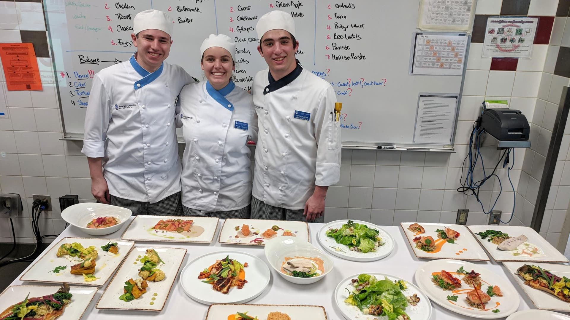 Juliet Faas (center) taking a craft-skills class in plating at JWU Providence.