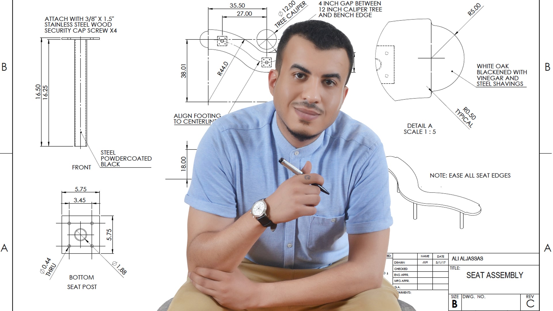 CAD Design for the Conversation Trees bench in the background of photo with Ali Alijassas.