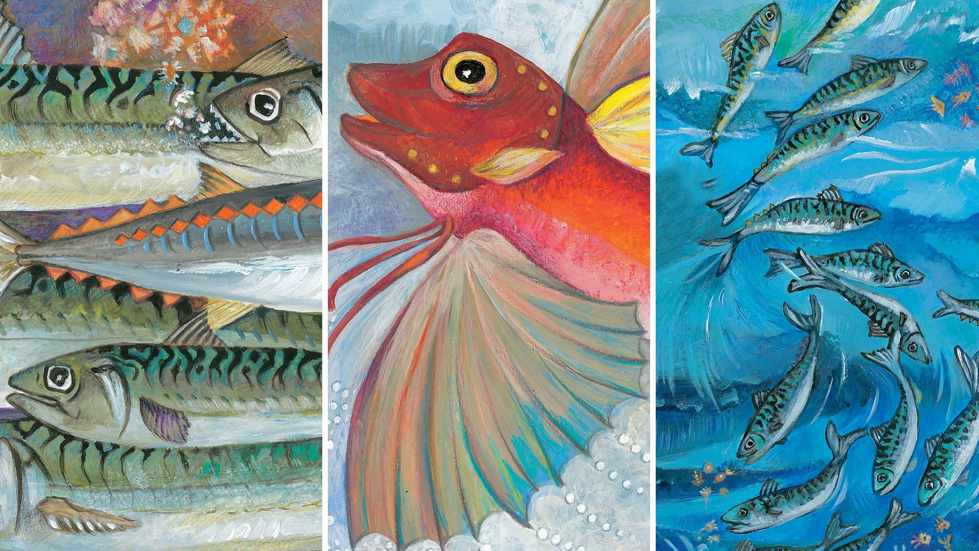 Illustrations from the Simmering the Sea cookbook. Art by Lea Tirmant-Desoyen