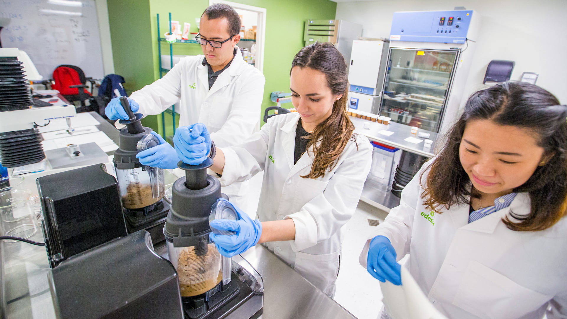 Nico Derr '18 at her Edesia Nutrition test kitchen job in North Kingstown, Rhode Island.