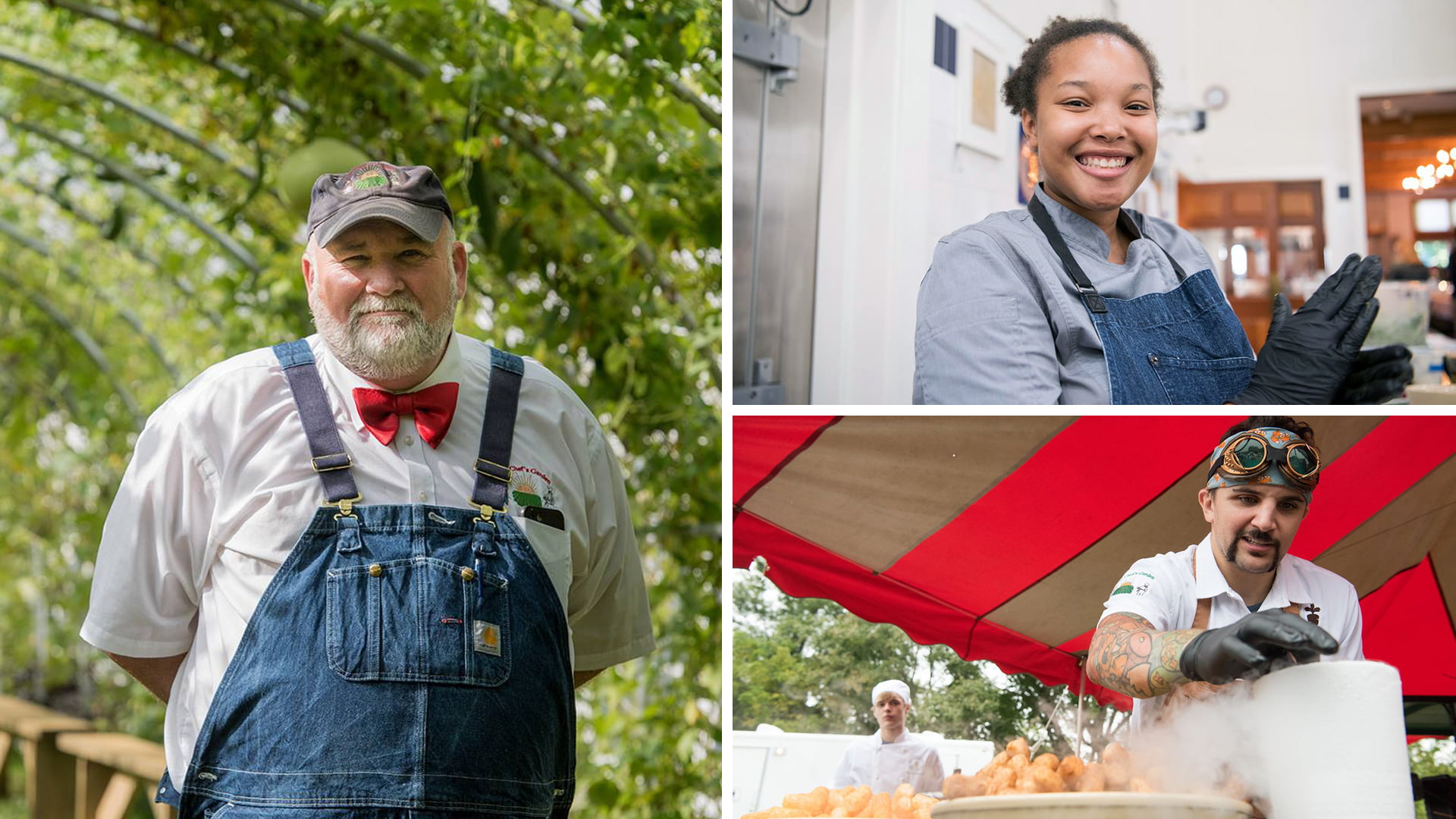 Clockwise from left: Farmer Lee Jones of the Chef's Garden, Natasha Daniels '17 and Richie Farina '05. Photo: Meredith Demuth-Bibb/The Chef’s Garden