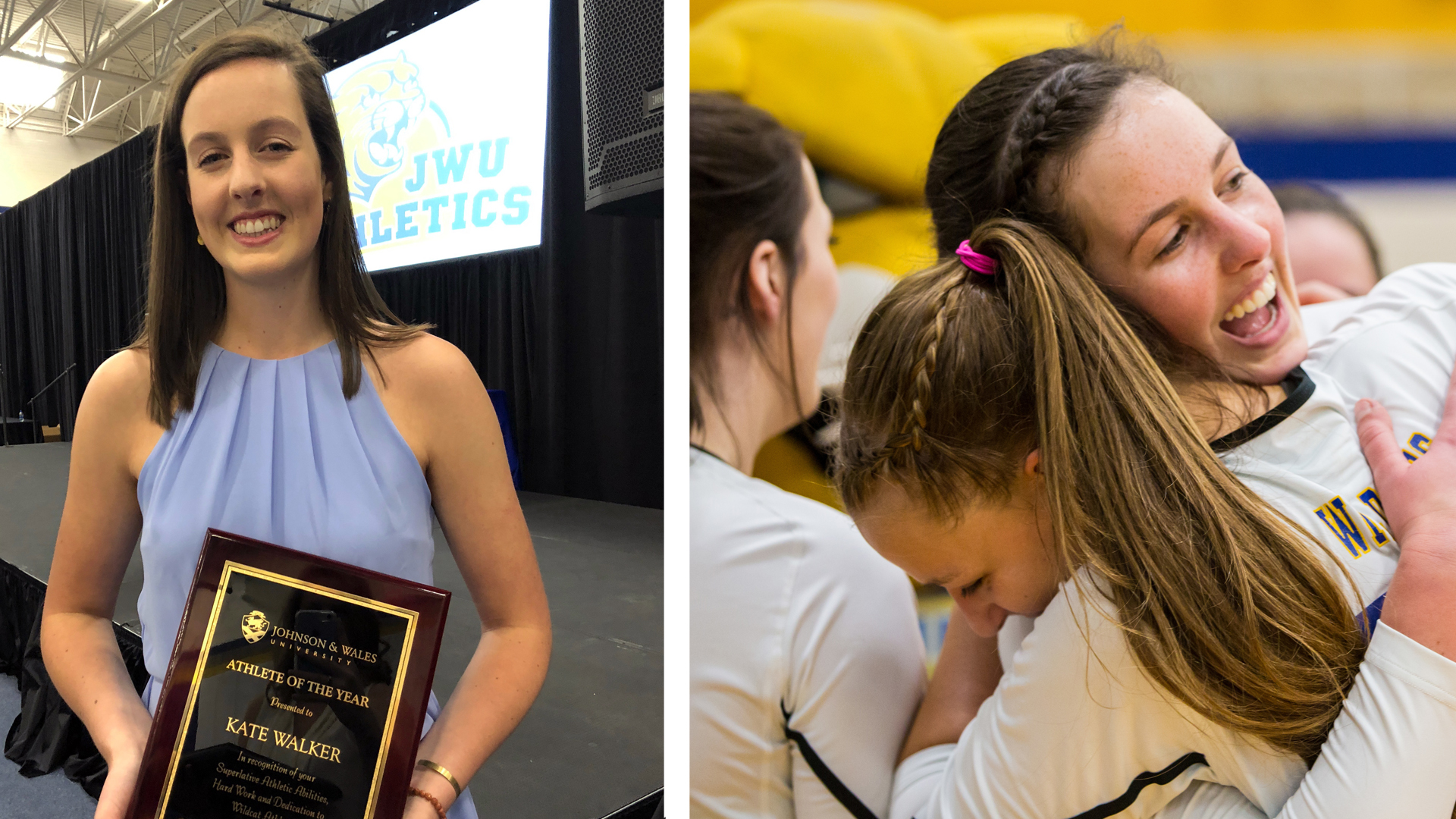 Kate Walker Athlete of the Year award and hugging a friend.