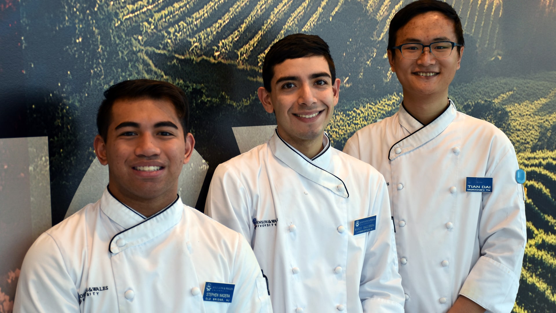 JWU culinary arts students Spehen Nadera, Marco Saldierna and Tian Dai