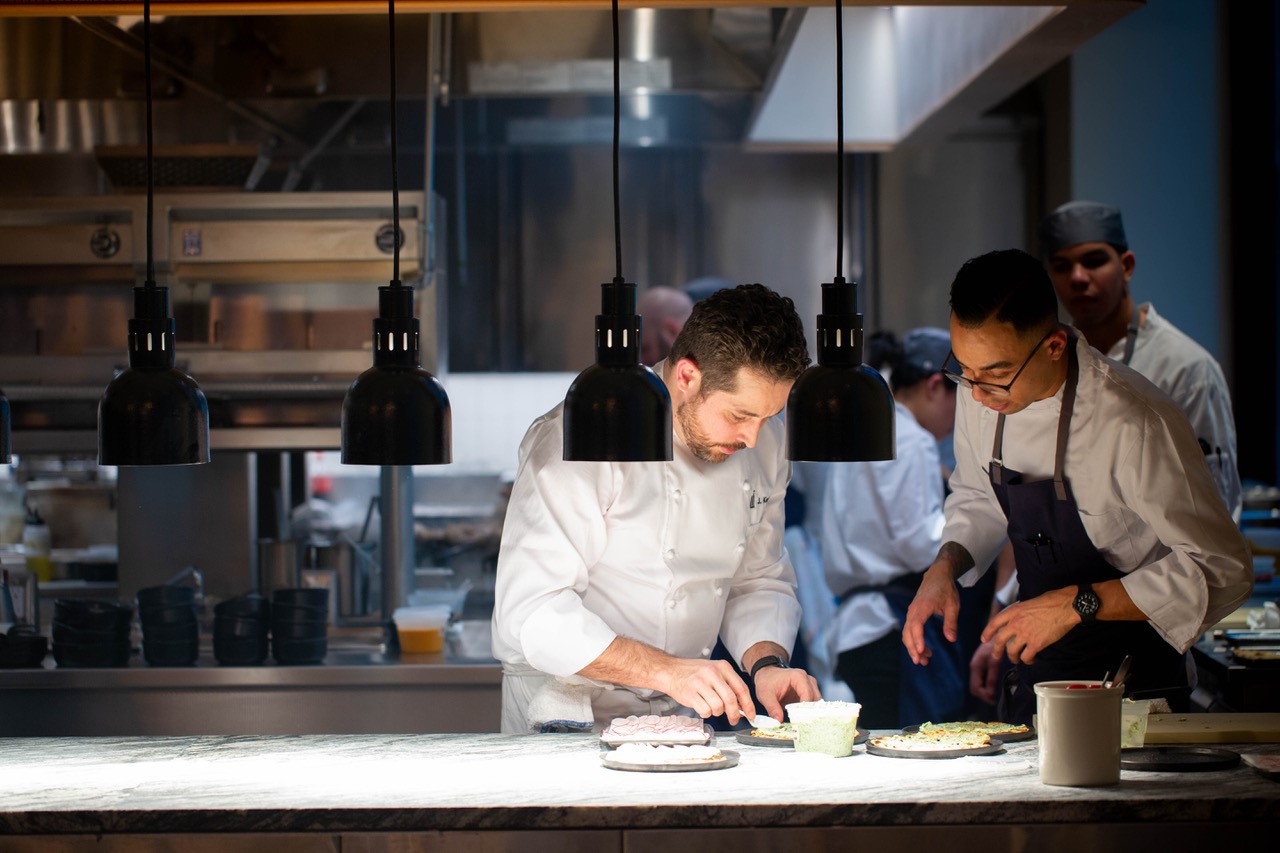Chef James Kent '02 and Executive Sous Chef Daniel Garcia '14 in the kitchen at Crown Shy.