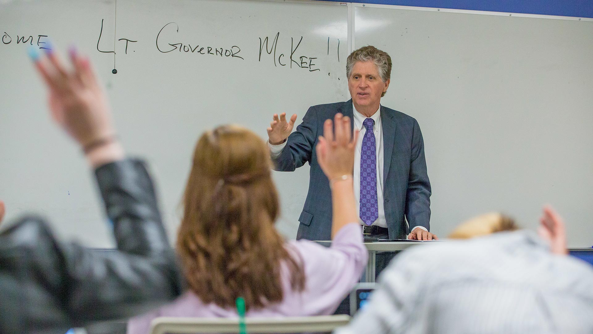 JWU students participate during a class visit with Lieutenant Governor Dan McKee.