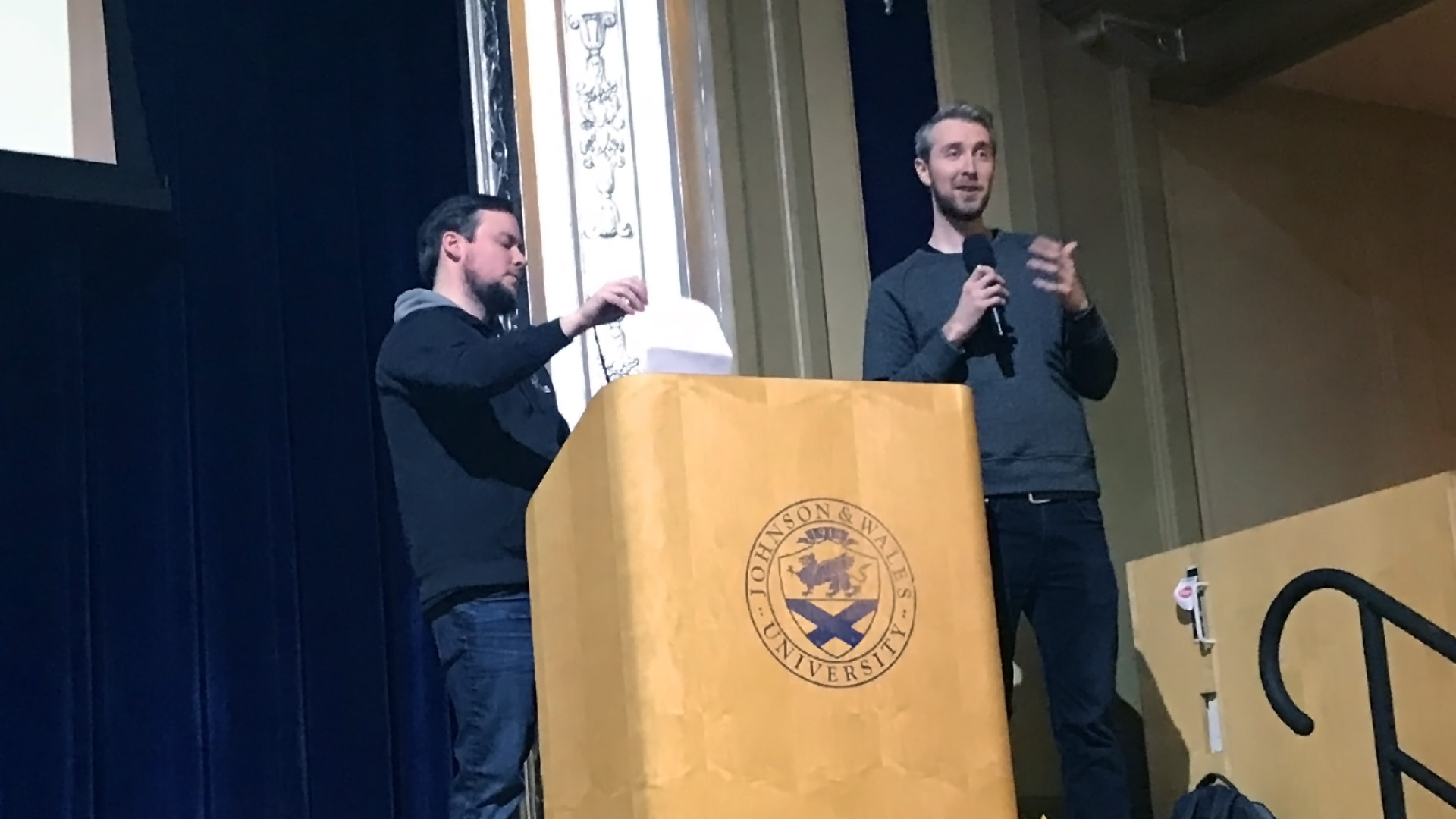 Dan Saldarini and Jon Bricker of Pretty Polly Productions speak at JWU.