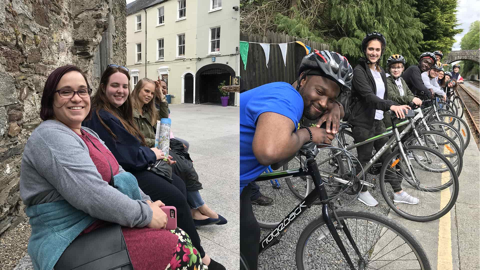 Students on bikes and visiting historic sites in Ireland