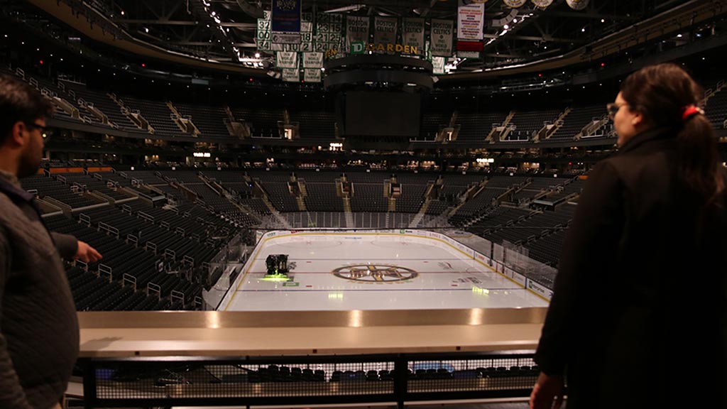 two students overlook ice and TD Garden