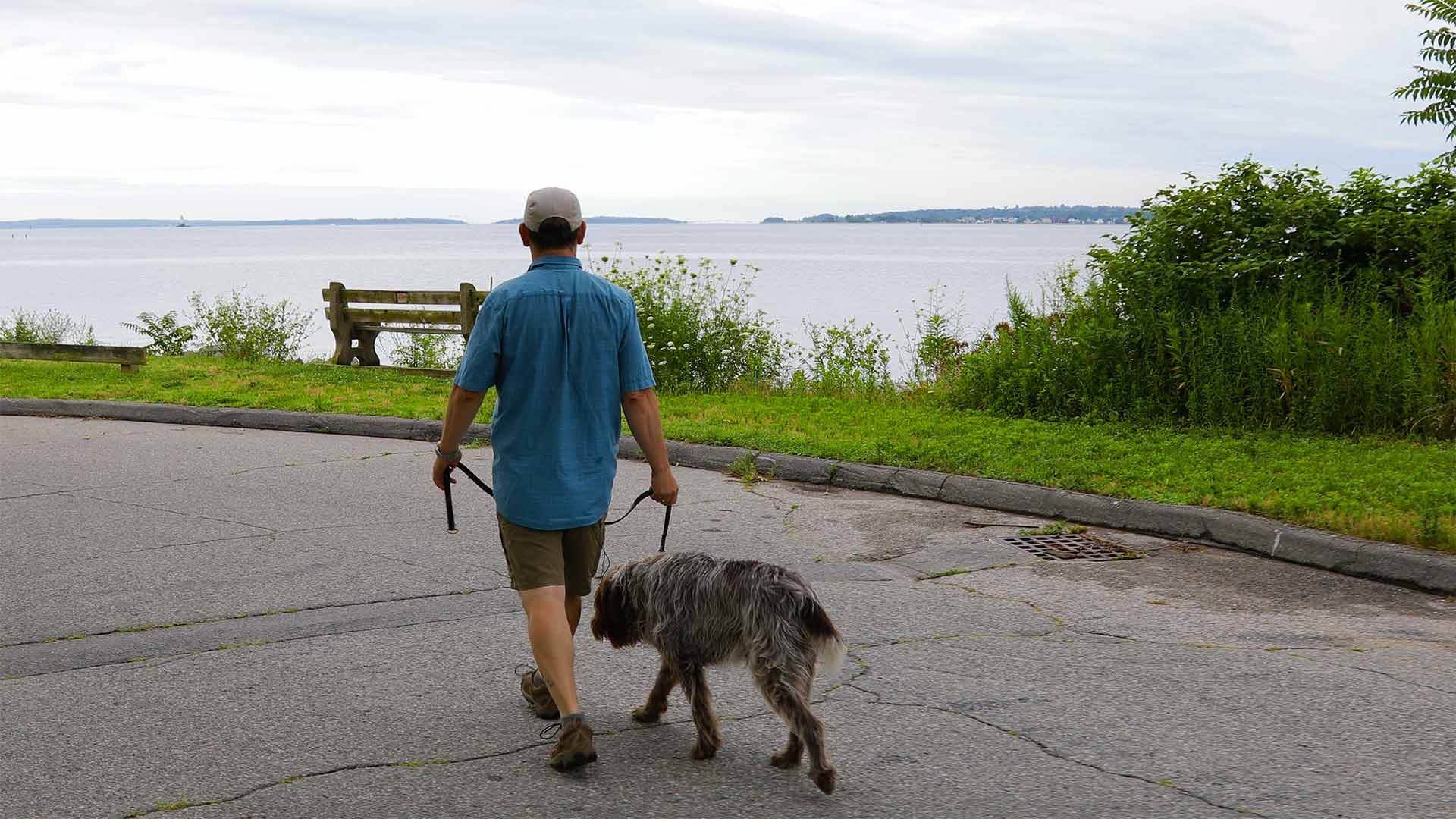 Professor Magnus Thorsson walking his dog on a path by the ocean