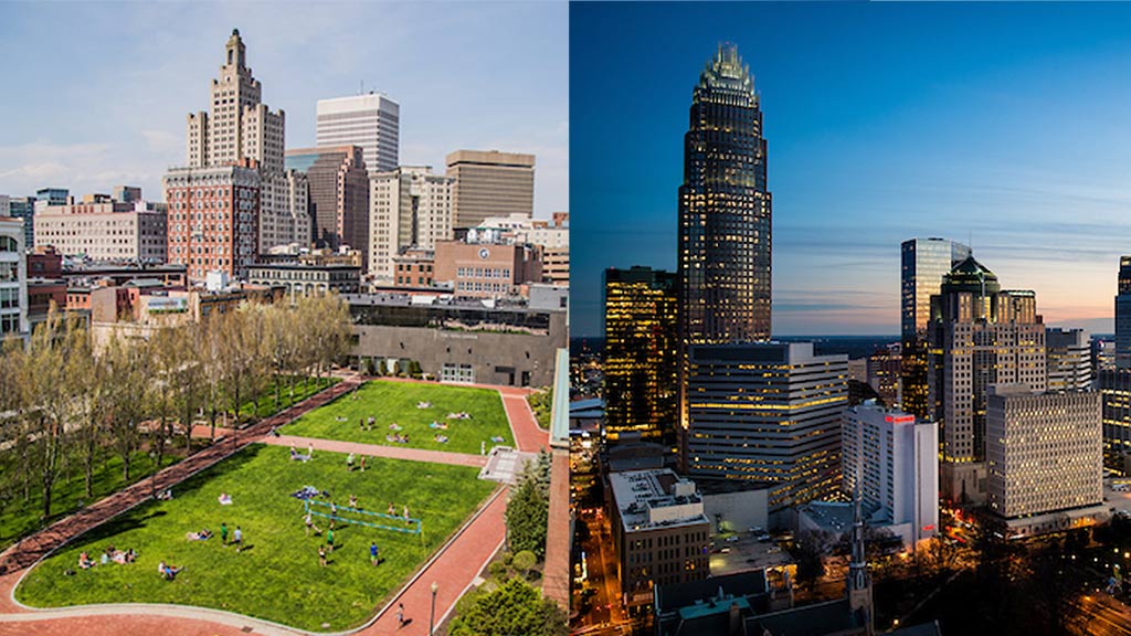 Providence, RI and Charlotte, NC skylines