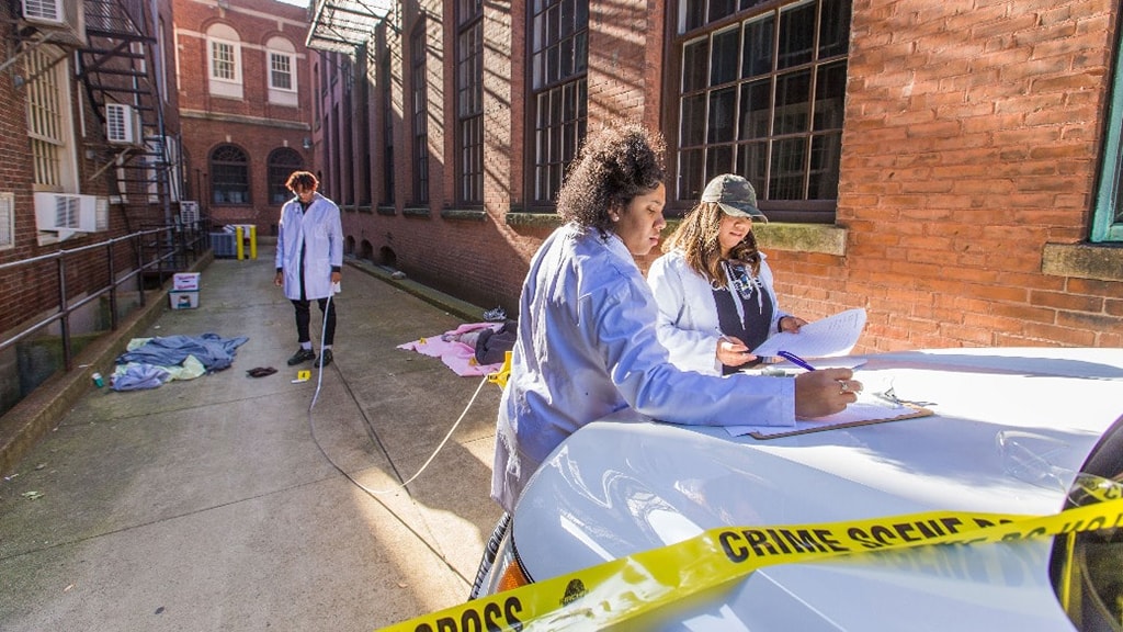 Students working in a staged crime scene
