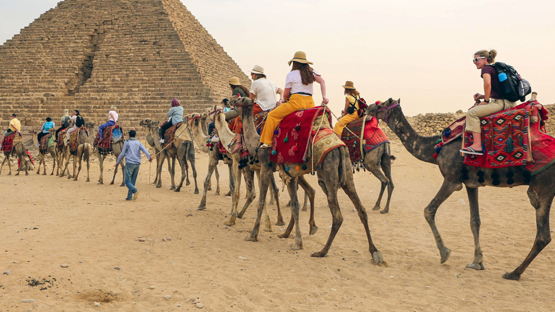 Associate Professor Tiffany Rhodes with students on camelback in Egypt