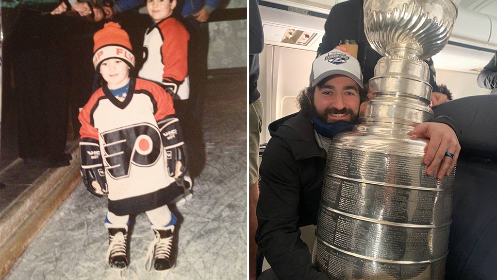 An image on the left of Jason Berger as a child in hockey gear and an image on the right with Berger as an adult holding the Stanley Cup