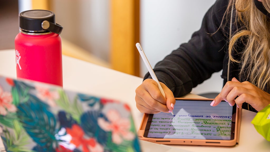 Closeup image of student taking notes on their iPad