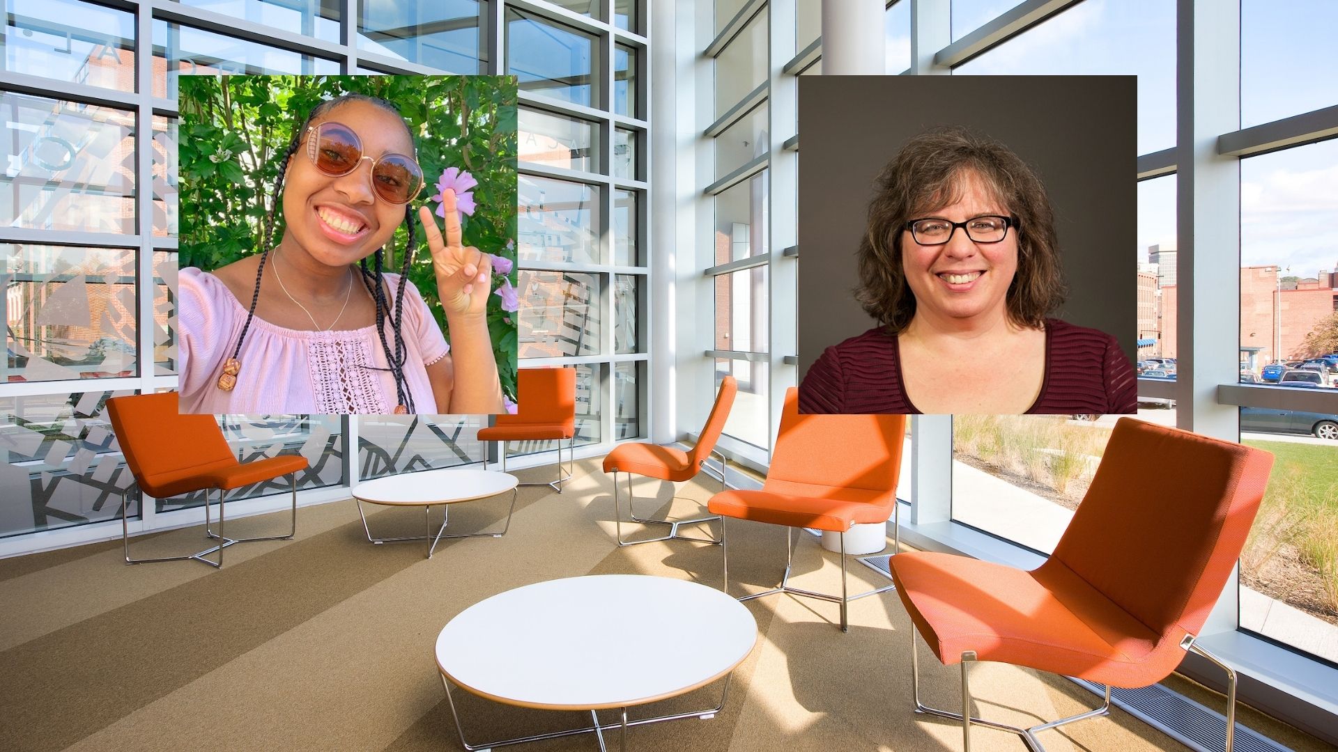 Photo of Leah Ward and Wendy Wagner in student services center