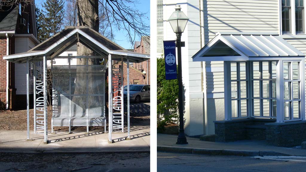 Harris works on designing bus shelters through out the state. These two are in Wayland Square, Providence, and East Greenwich. 