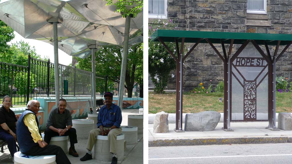 Harris works on designing bus shelters through out the state. These two are in Fox Point and Hope Street in Providence.