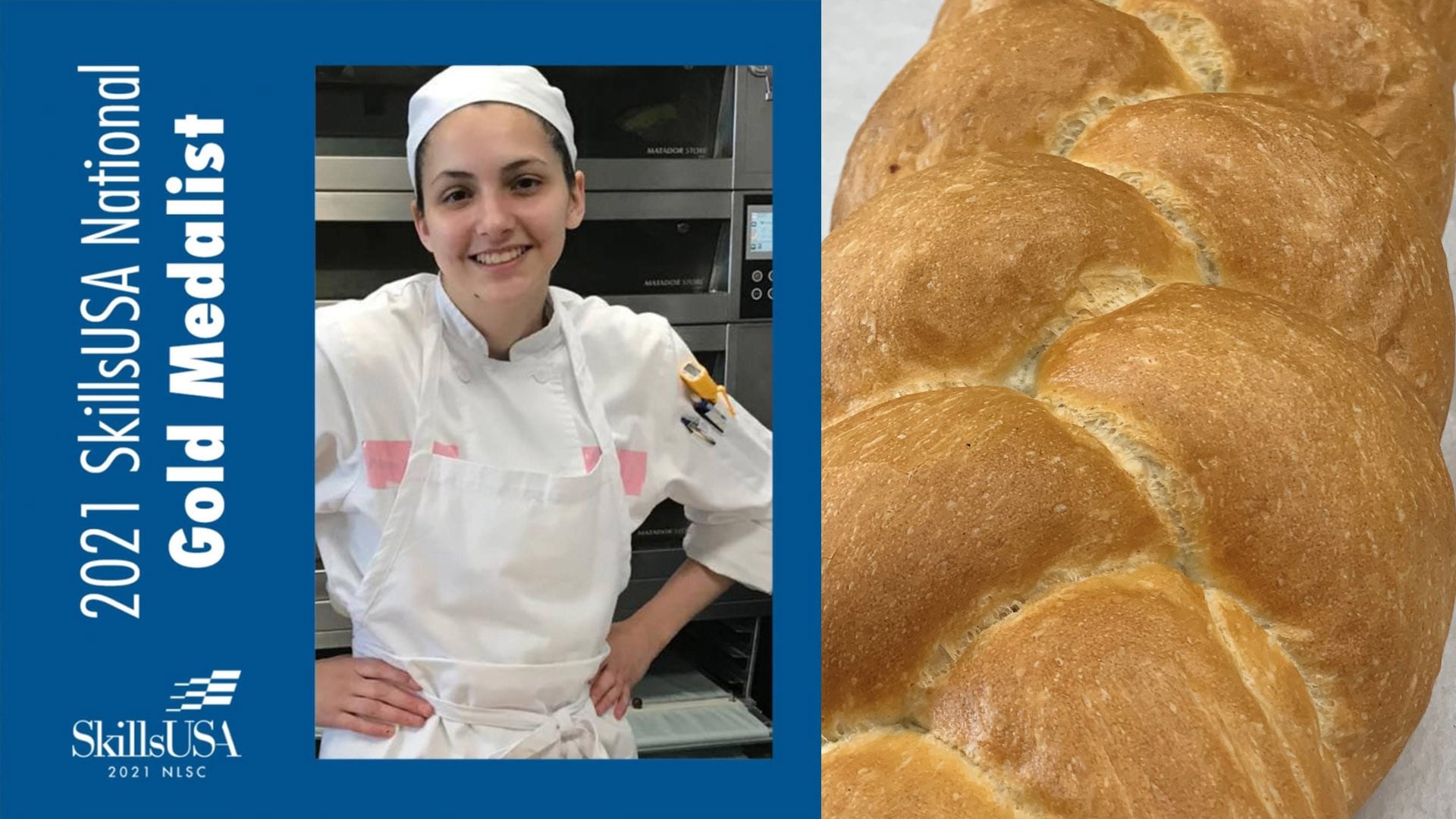 image of Amanda Gray in her chef's uniform appearing next to the bread she baked