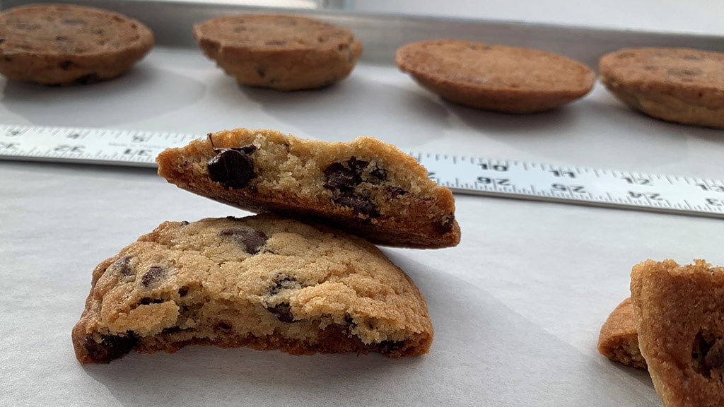 closeup photo of chocolate chip cookies on a tray against a ruler