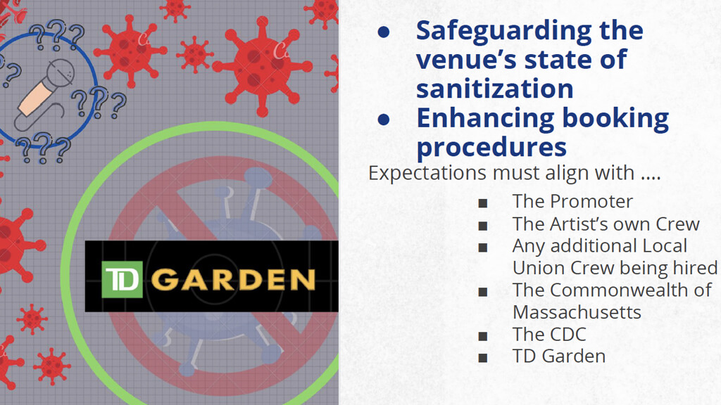 Graphic and information about suggested sanitization and booking procedures for TD Garden.