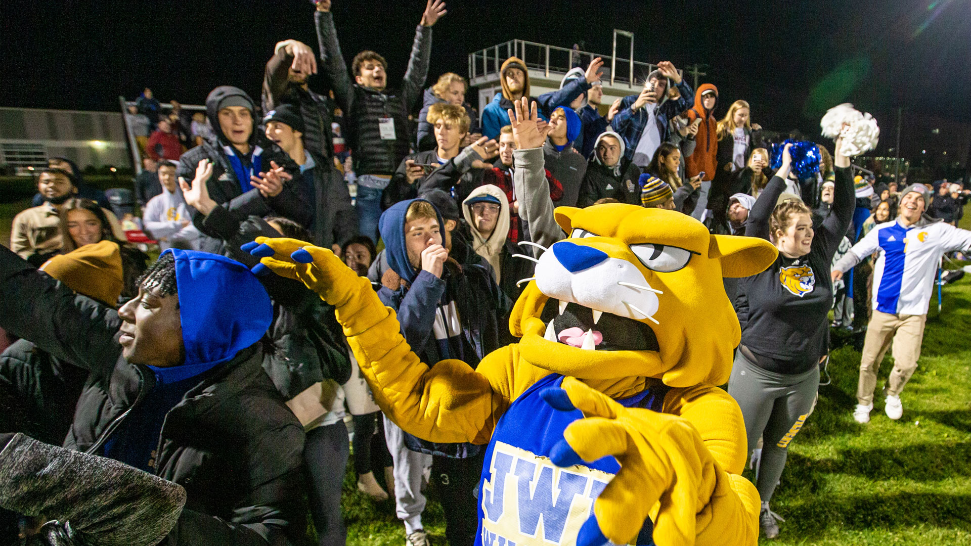 Willie the Wildcat celebrates in front of a happy crowd at the women's soccer team win in November 2021