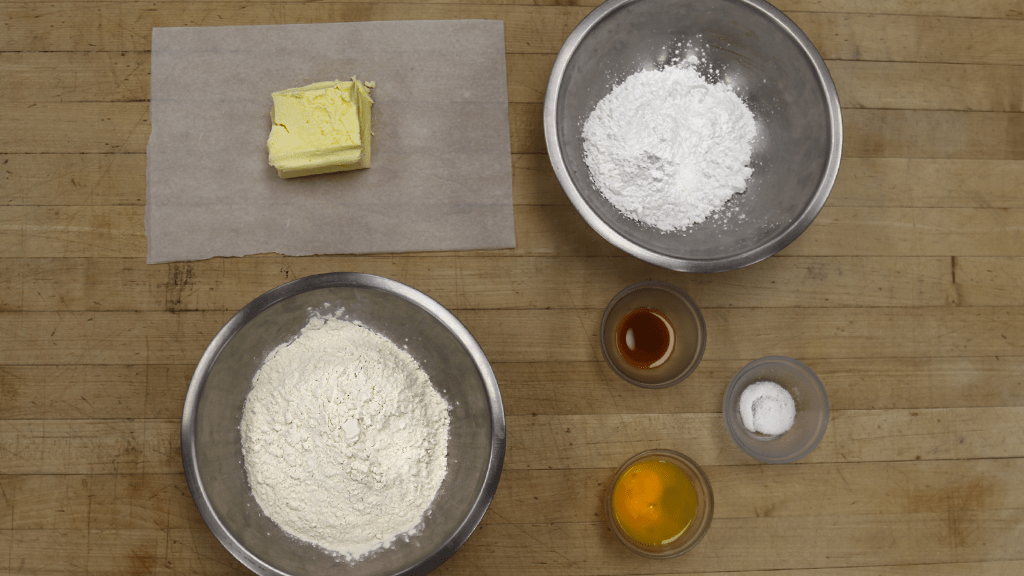 overhead picture of the ingredients for making snowflake cookies